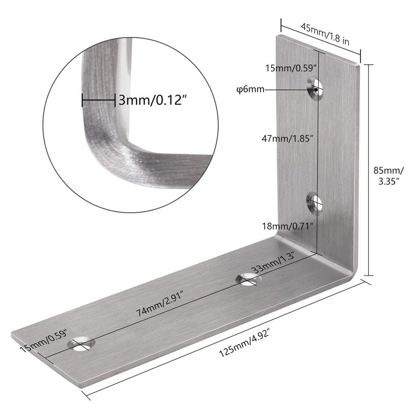 YUMORE L Brackets Heavy Duty  5x3x1.8 Inch Stainless Steel Shelf Brackets Wall Mounted for Floating Shelves Industrial Farmhouse  Includes Hardware  Pack of 4 - Image 2